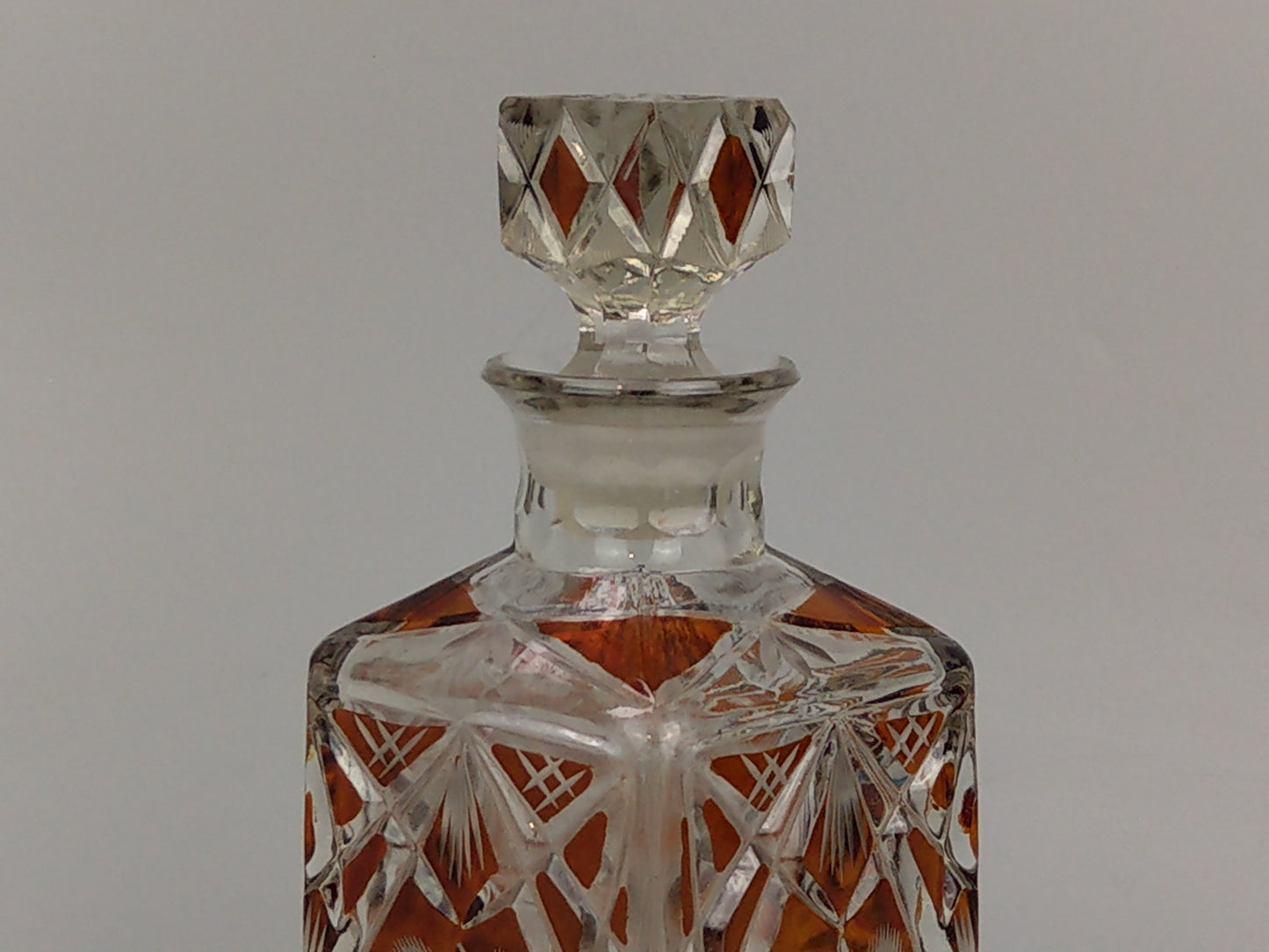 Bohemian Cut Glass amber flush Square Whisky Decanter