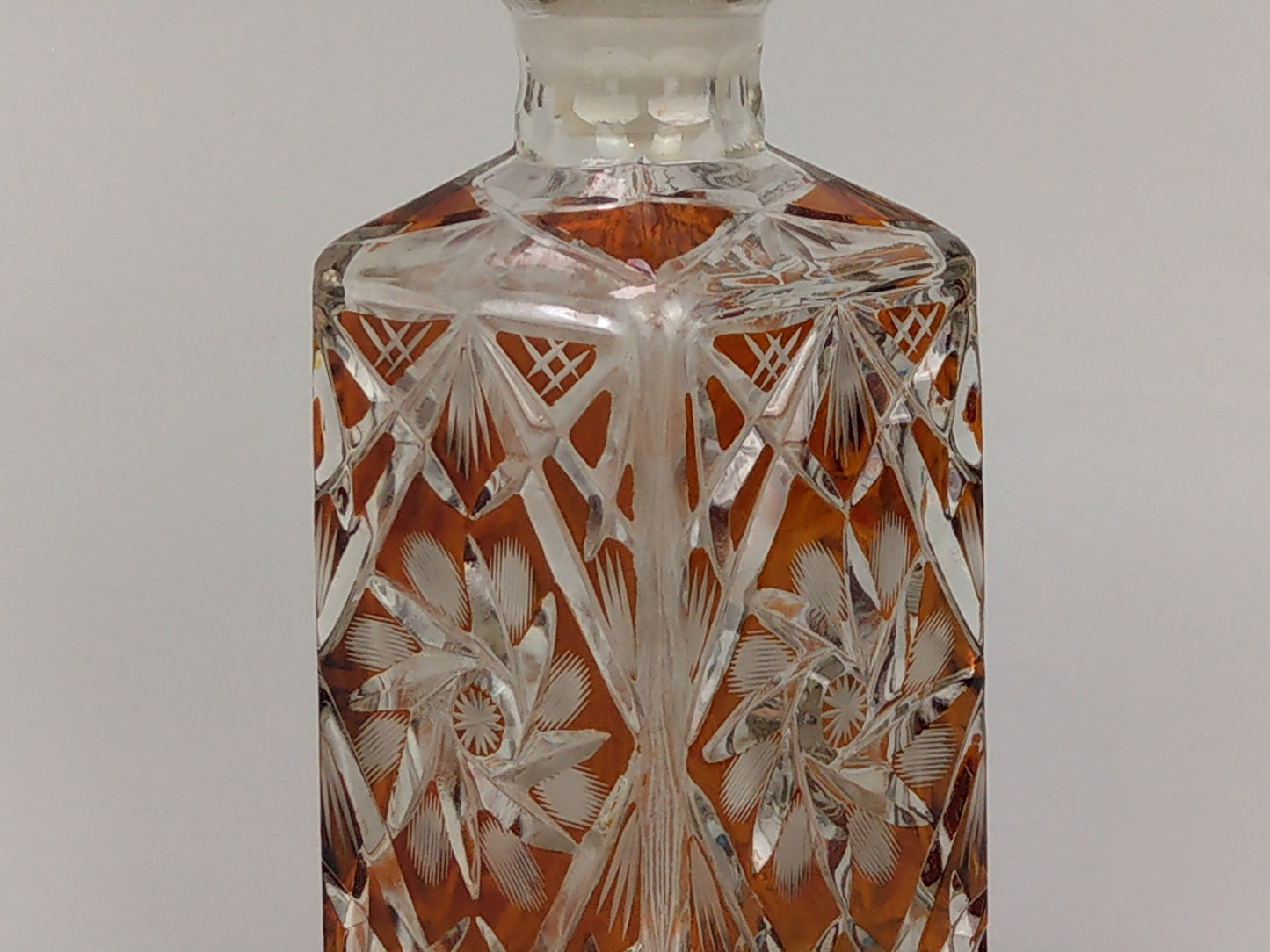 Bohemian Cut Glass amber flush Square Whisky Decanter