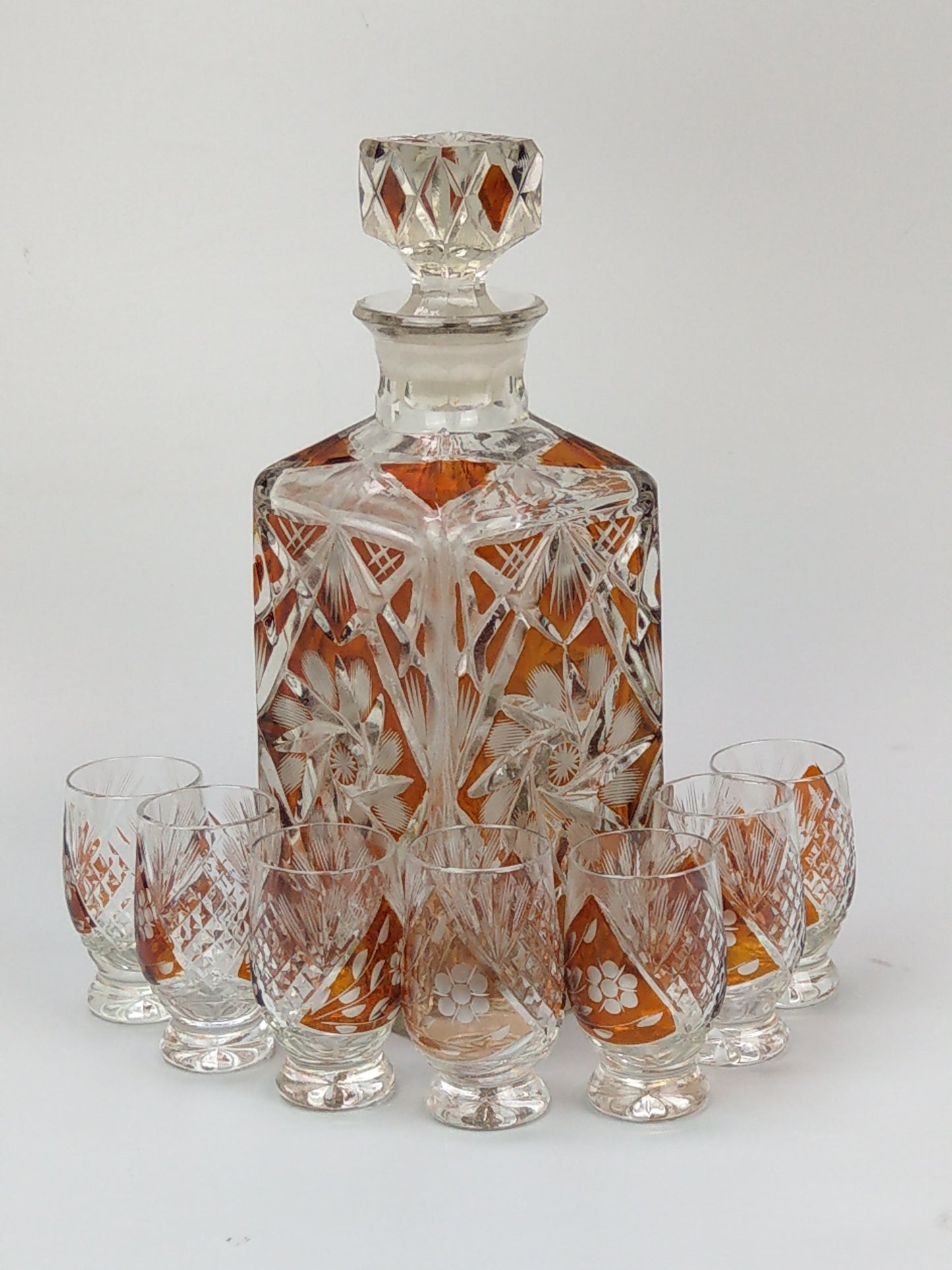 Bohemian Cut Glass amber flush Square Whisky Decanter