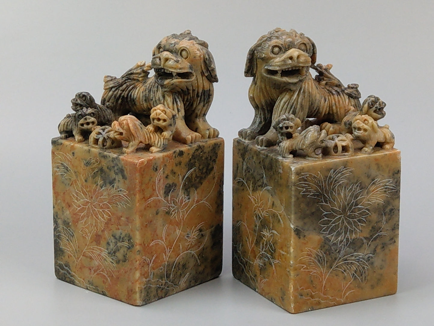 Chinese Foo lions carved Soapstone Bookends