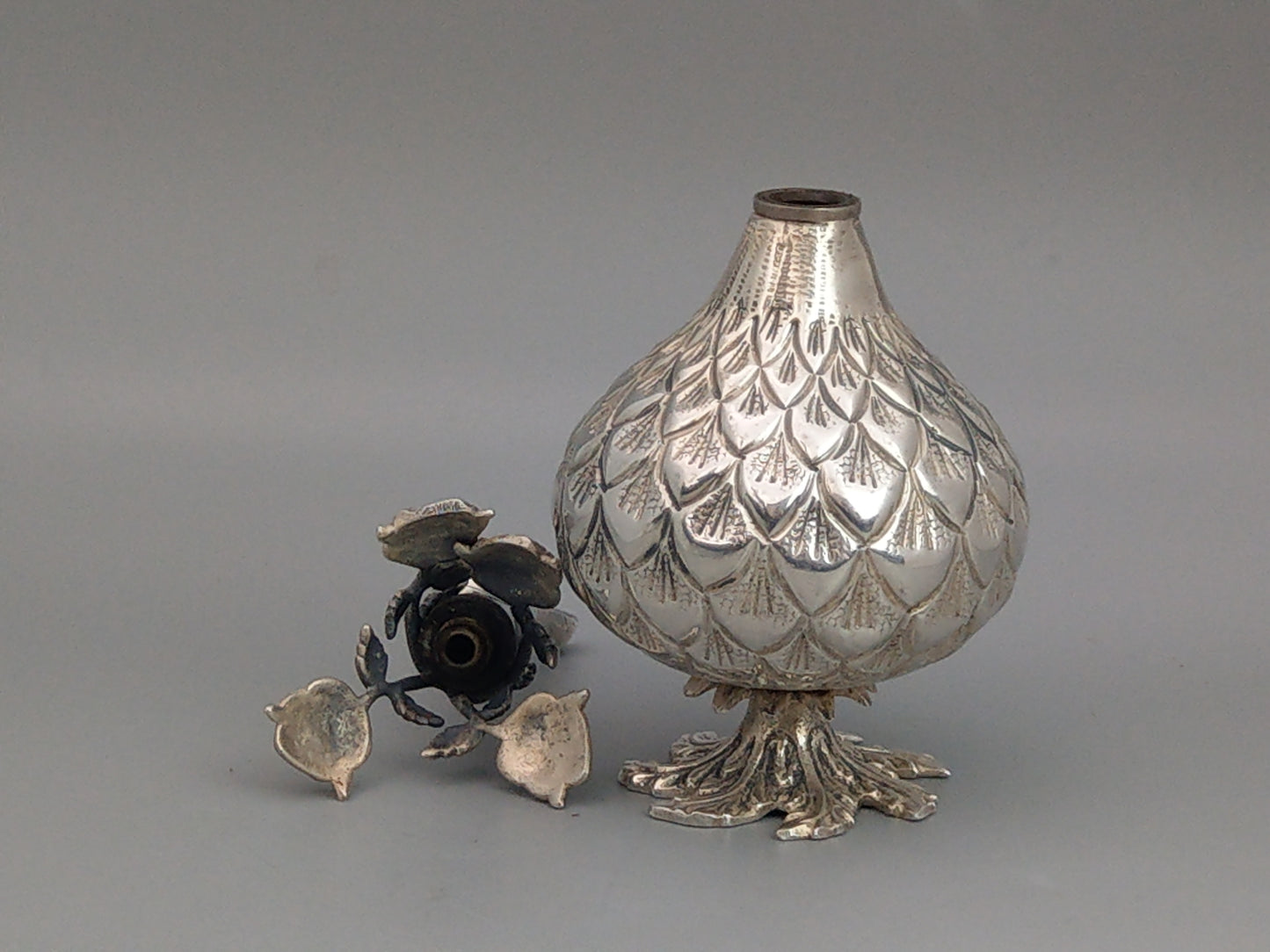 Ottoman Silver Rose Water Bottle or Oil Sprinkler, Rose Hip Shaped