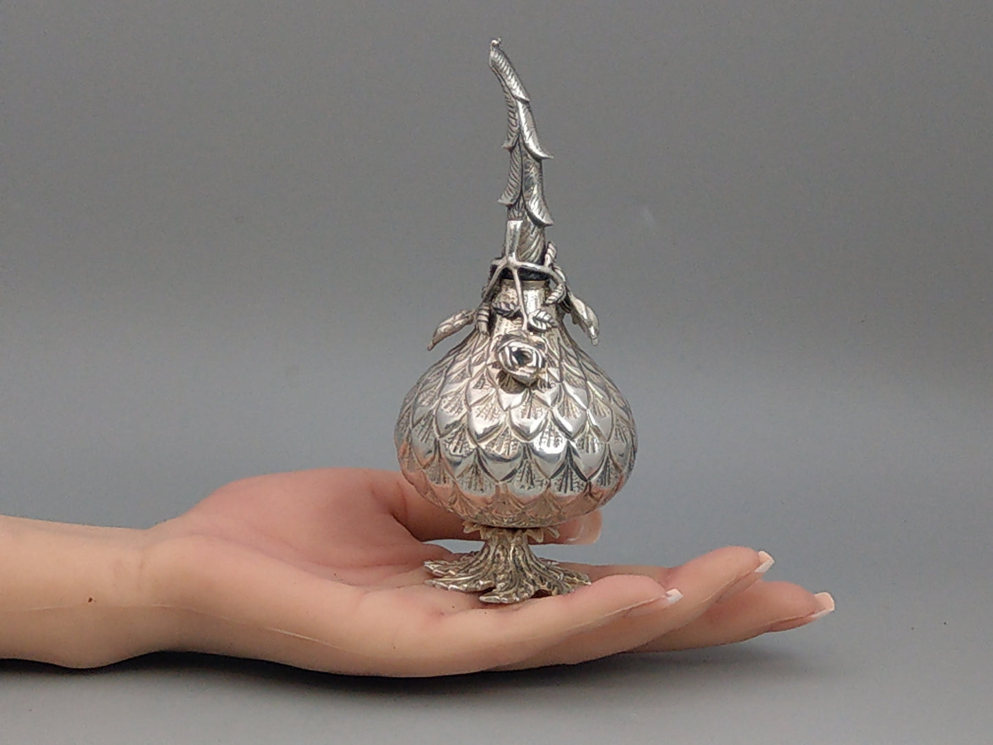 Ottoman Silver Rose Water Bottle or Oil Sprinkler, Rose Hip Shaped