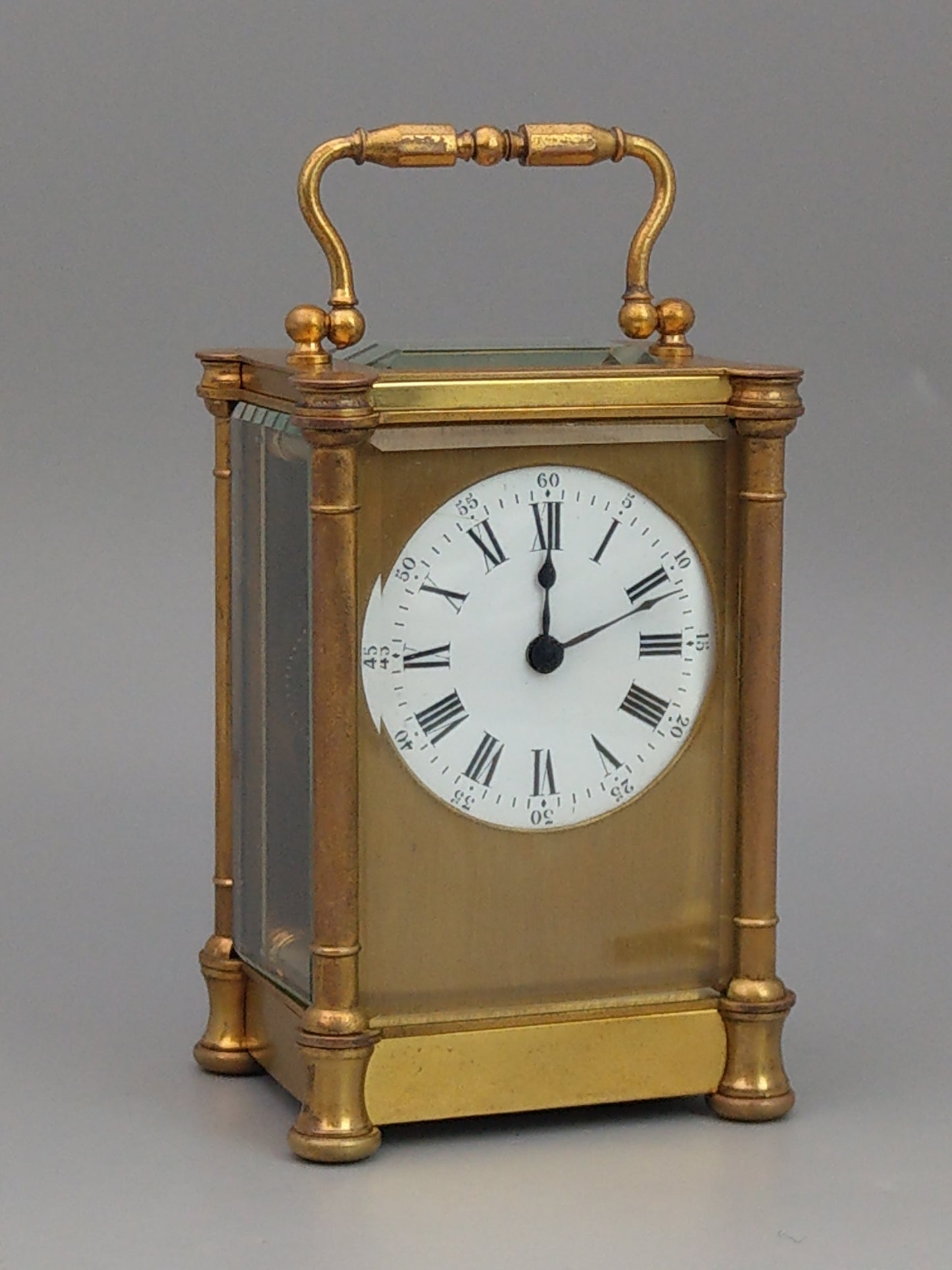 Antique Swiss Carriage Clock Gold Gilt Brass with Round Enamel Face