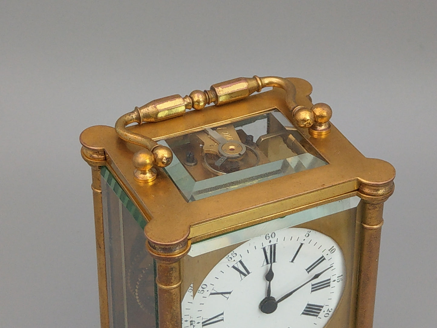 Antique Swiss Carriage Clock Gold Gilt Brass with Round Enamel Face