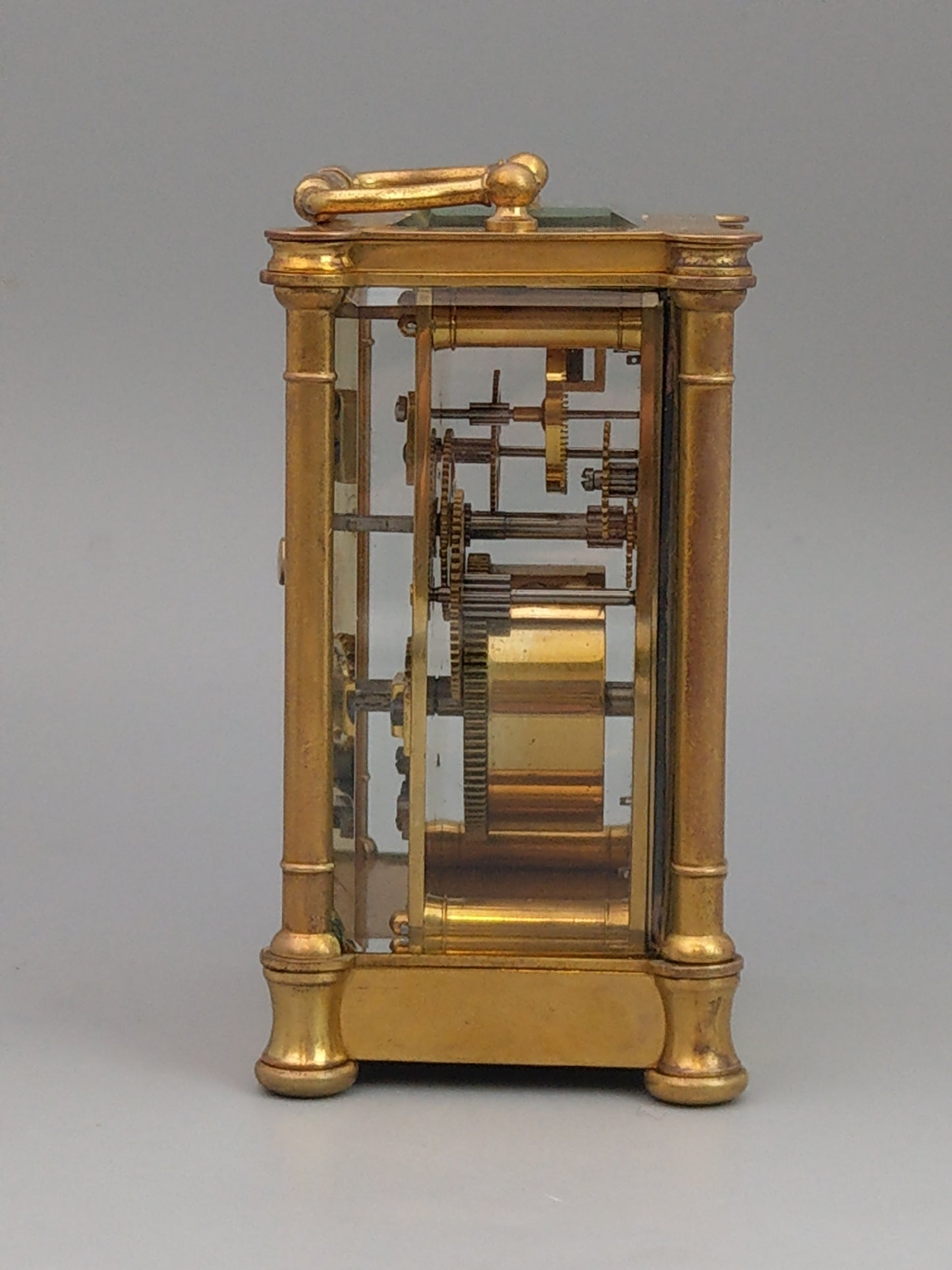 Antique Swiss Carriage Clock Gold Gilt Brass with Round Enamel Face