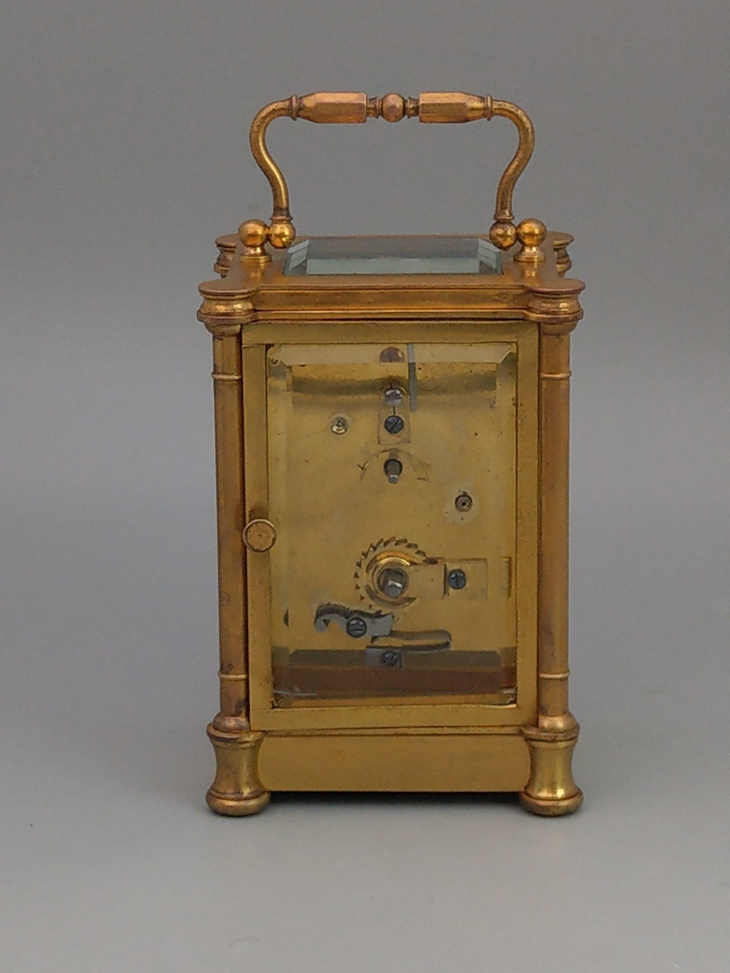 Antique Swiss Carriage Clock Gold Gilt Brass with Round Enamel Face