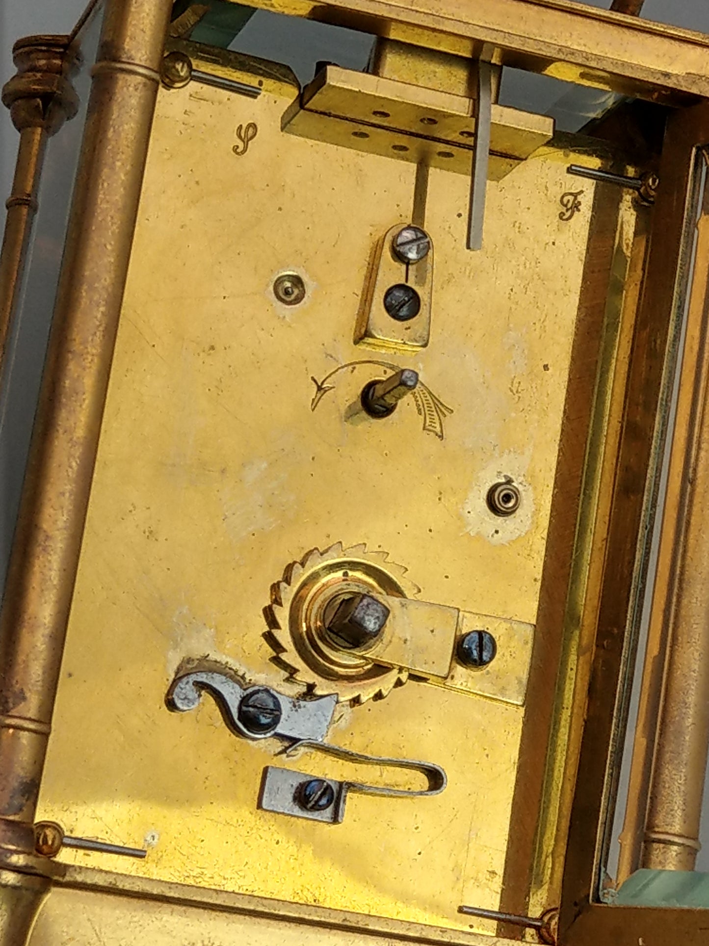 Antique Swiss Carriage Clock Gold Gilt Brass with Round Enamel Face