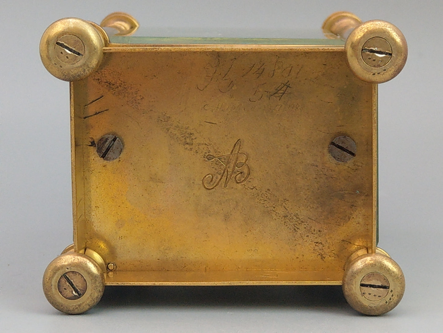 Antique Swiss Carriage Clock Gold Gilt Brass with Round Enamel Face