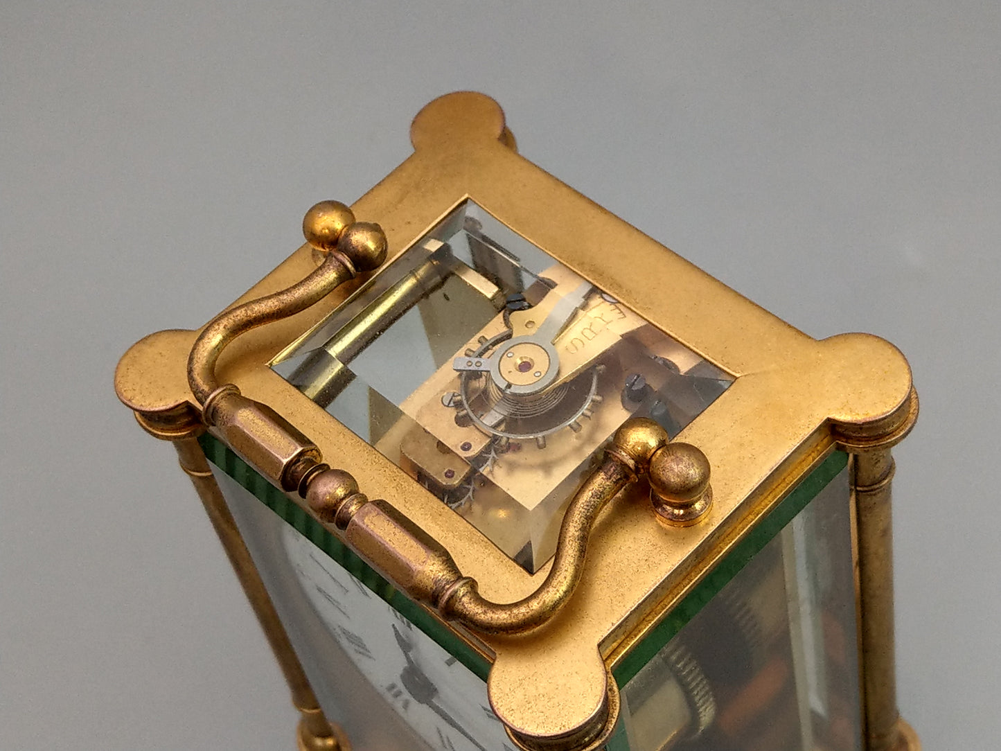 Antique Swiss Carriage Clock Gold Gilt Brass with Round Enamel Face