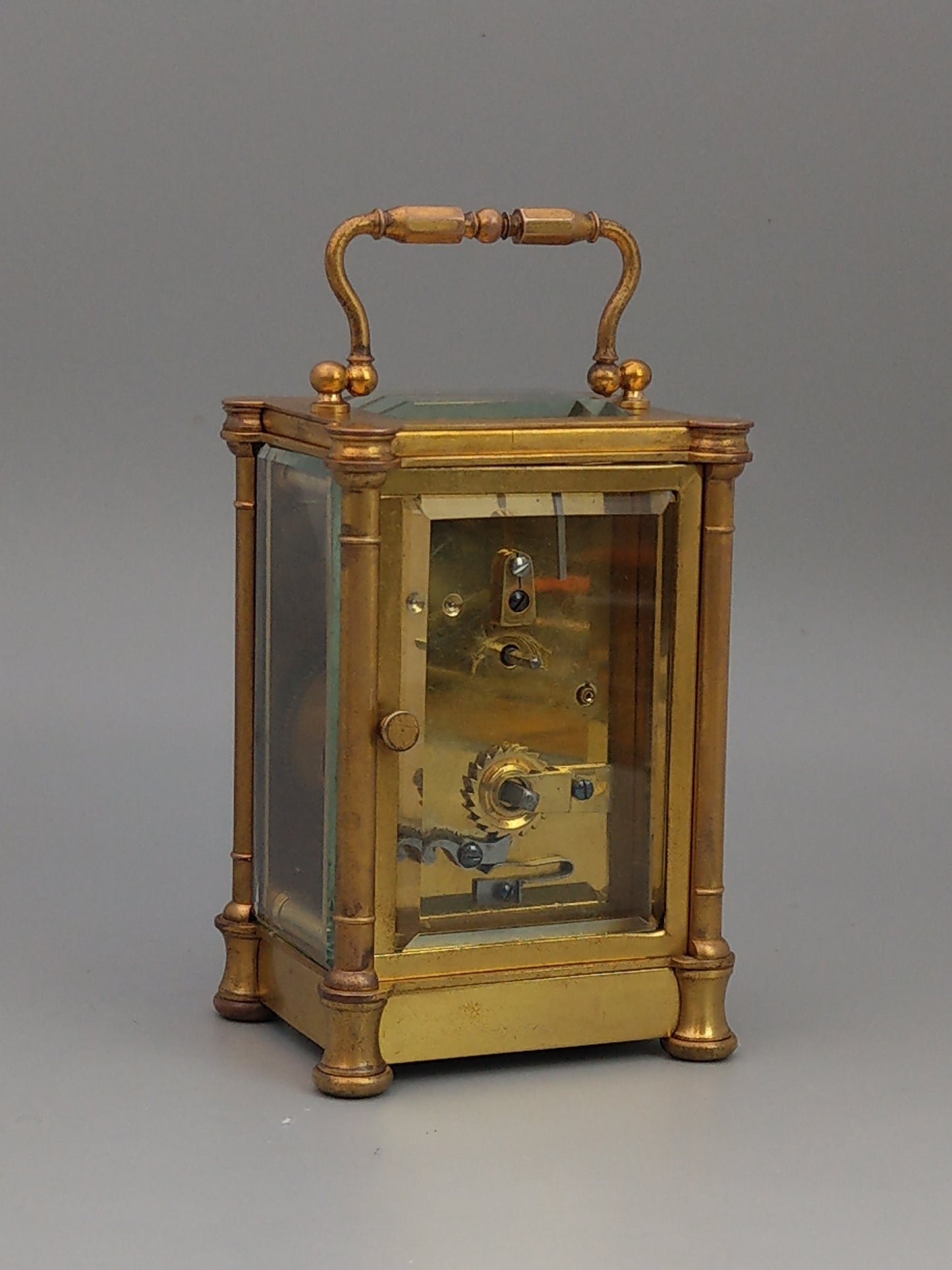 Antique Swiss Carriage Clock Gold Gilt Brass with Round Enamel Face