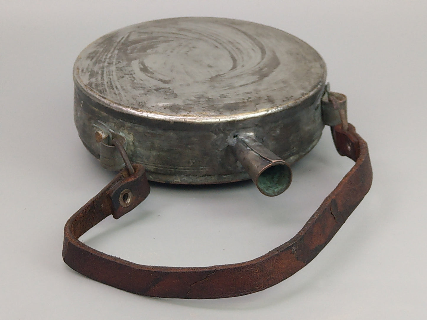 Antique Middle Eastern Gunpowder Flask, Tinned Copper with Fish Motif