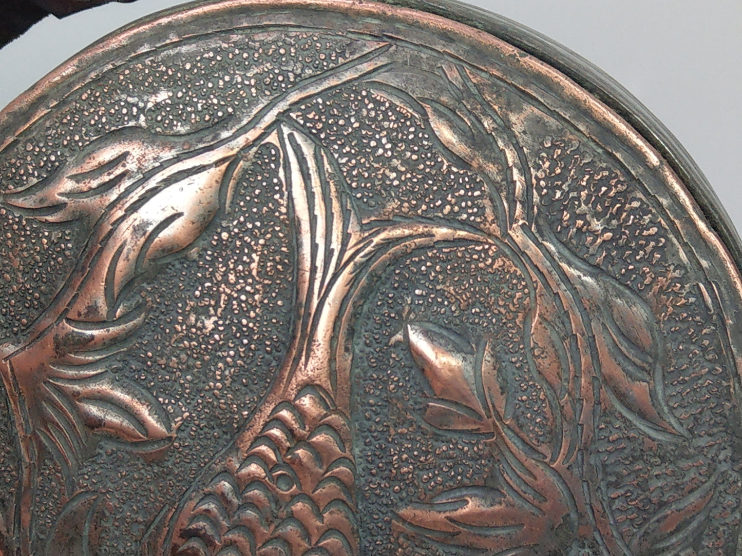 Antique Middle Eastern Gunpowder Flask, Tinned Copper with Fish Motif