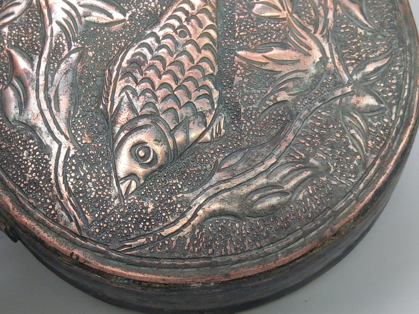 Antique Middle Eastern Gunpowder Flask, Tinned Copper with Fish Motif