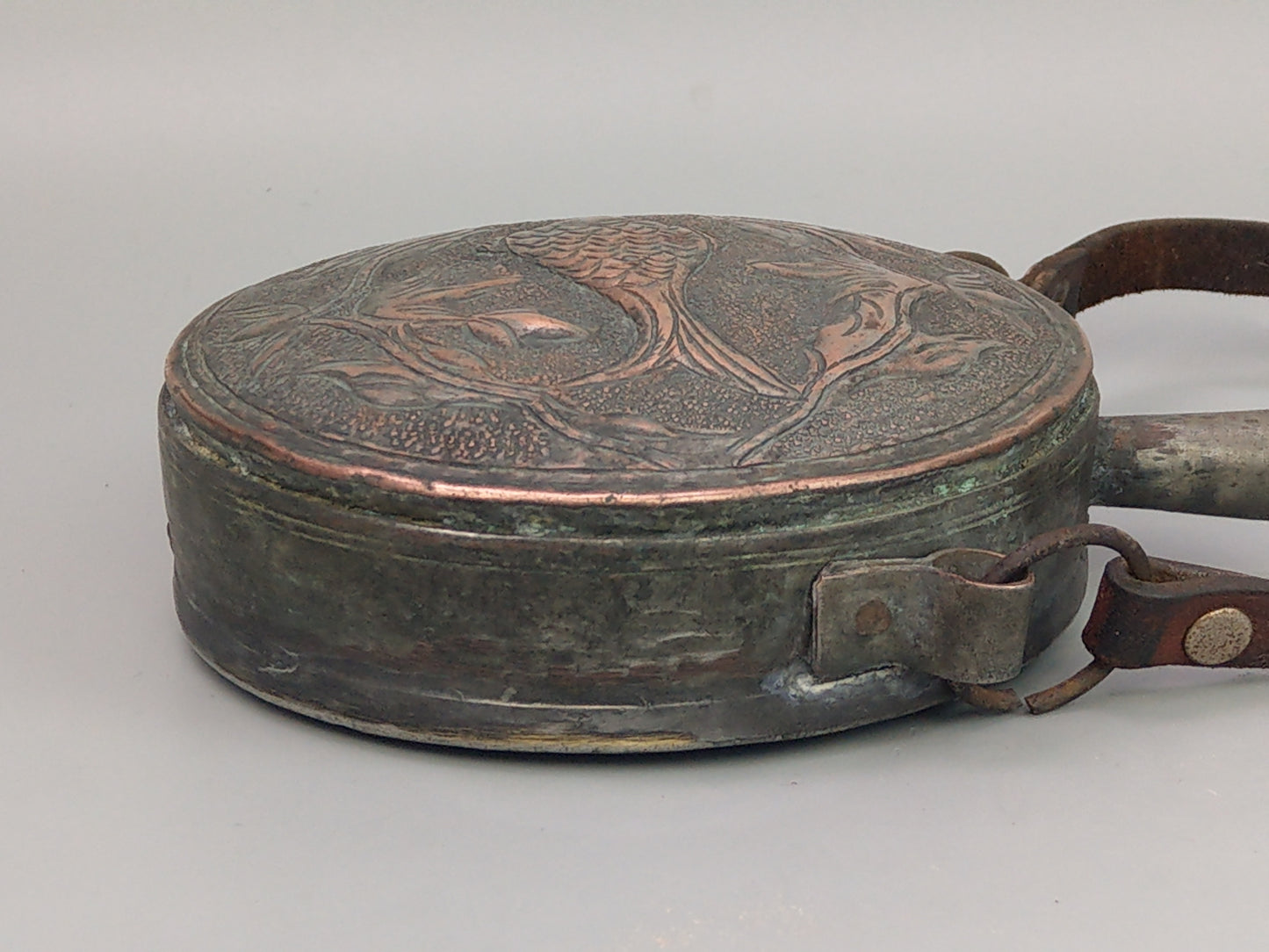 Antique Middle Eastern Gunpowder Flask, Tinned Copper with Fish Motif