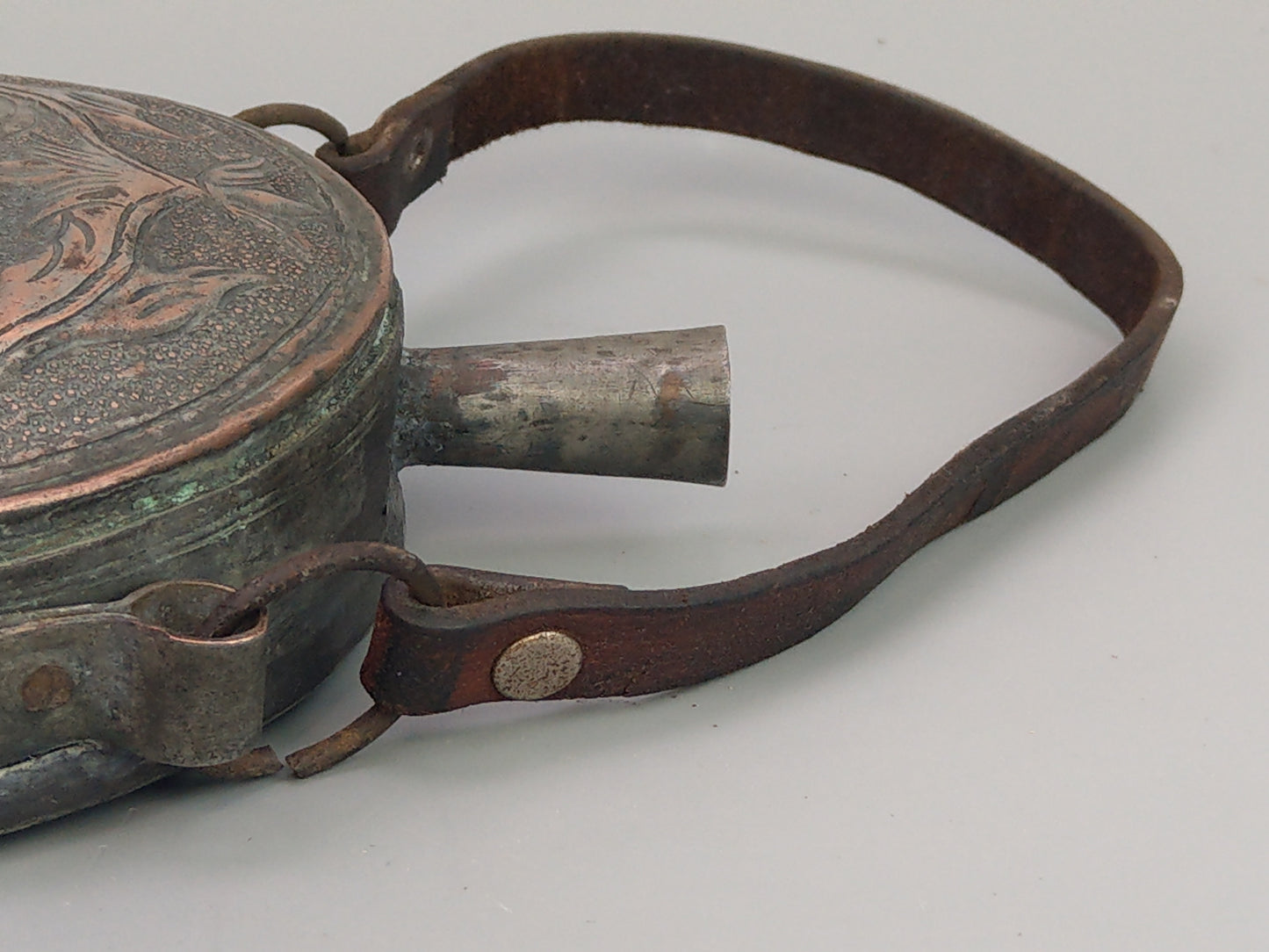 Antique Middle Eastern Gunpowder Flask, Tinned Copper with Fish Motif