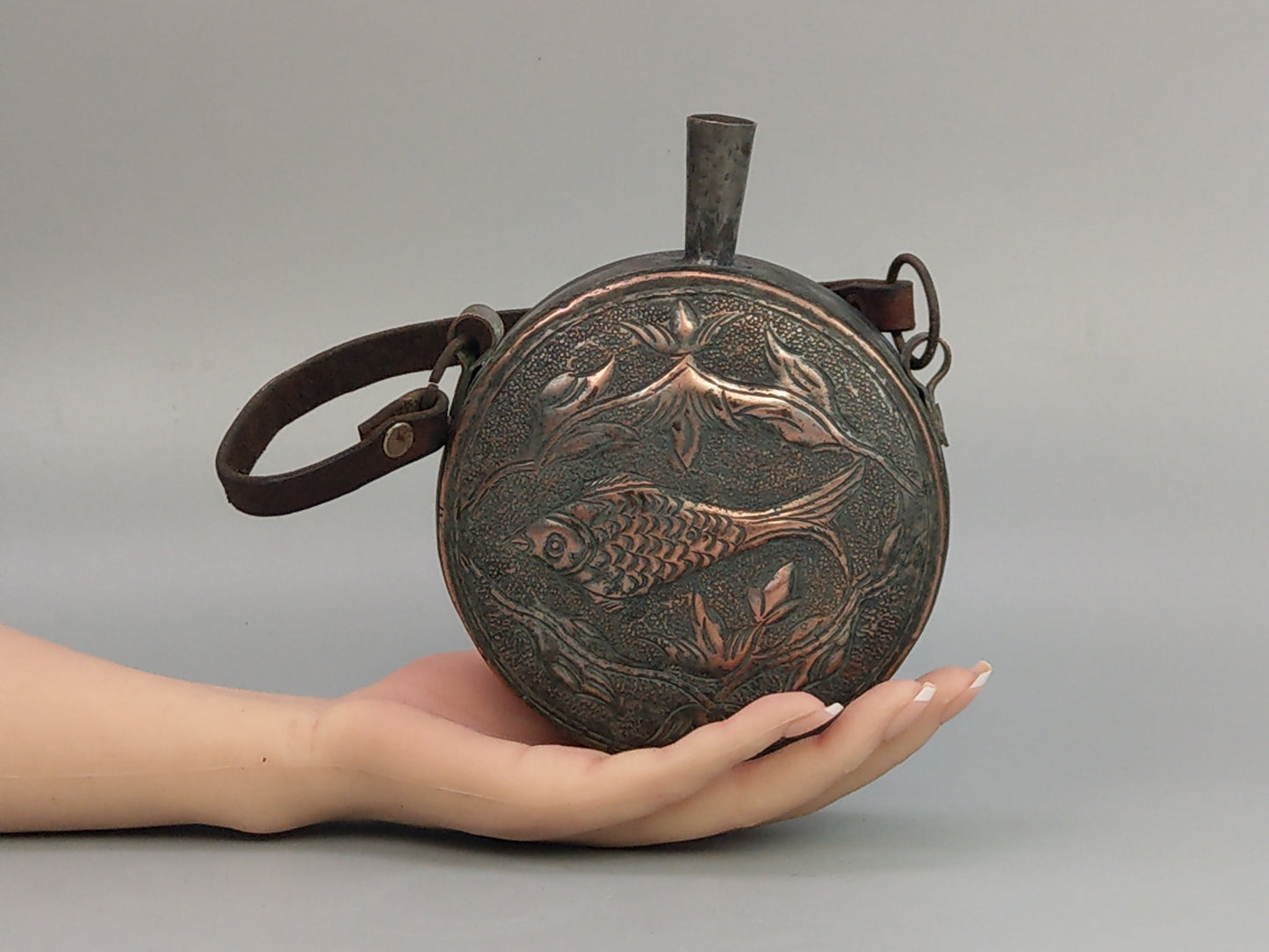 Antique Middle Eastern Gunpowder Flask, Tinned Copper with Fish Motif