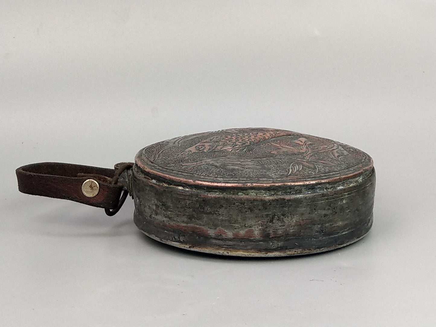 Antique Middle Eastern Gunpowder Flask, Tinned Copper with Fish Motif