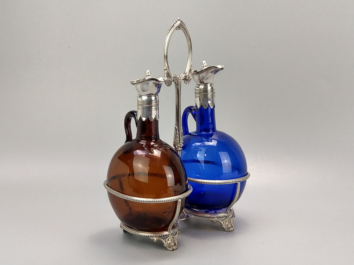 Victorian Blue and Brown Flagon Decanters in Silver plated Stand by Thomas Prime & Son