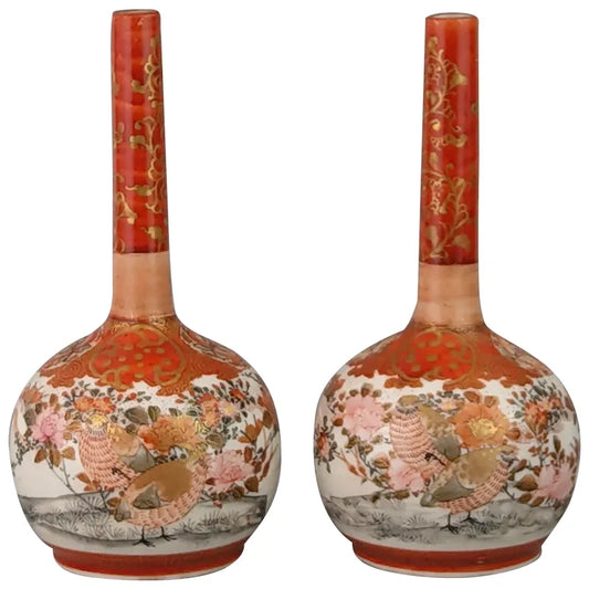 A Pair Of Japanese Kutani Vases with Parcel Gilt And Iron Red Ground narrow neck