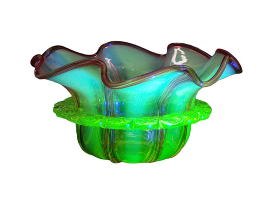 Stourbridge Vaseline and Cranberry Candystripe Glass Bowl