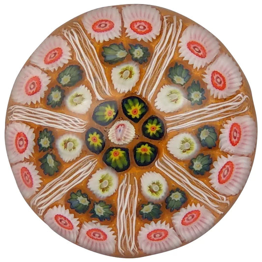 Strathearn Paperweight 7 Spoke Cartwheel Millefiori latticino orange background