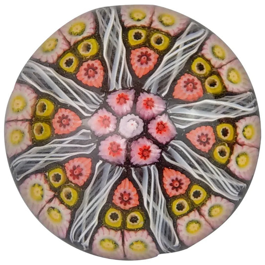 Strathearn Paperweight 8 Spoke Cartwheel Millefiori latticino amethyst background