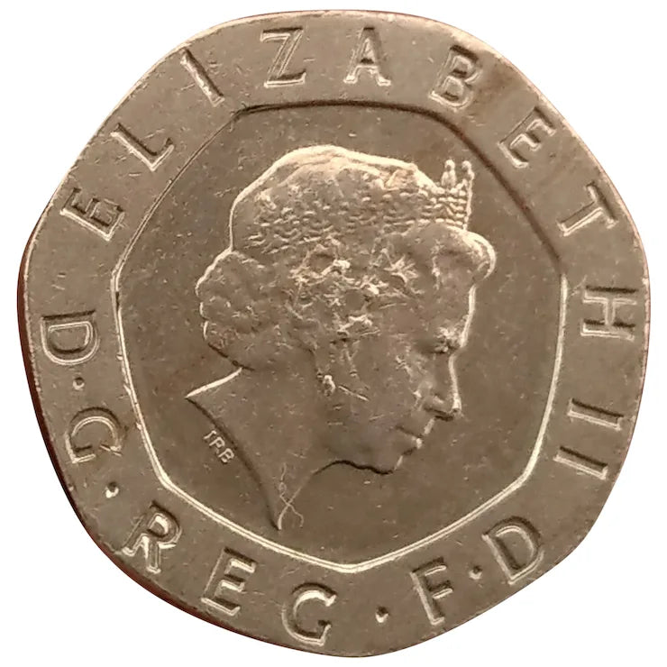 United Kingdom coin 20 pence mule, error obverse no date with additional errors