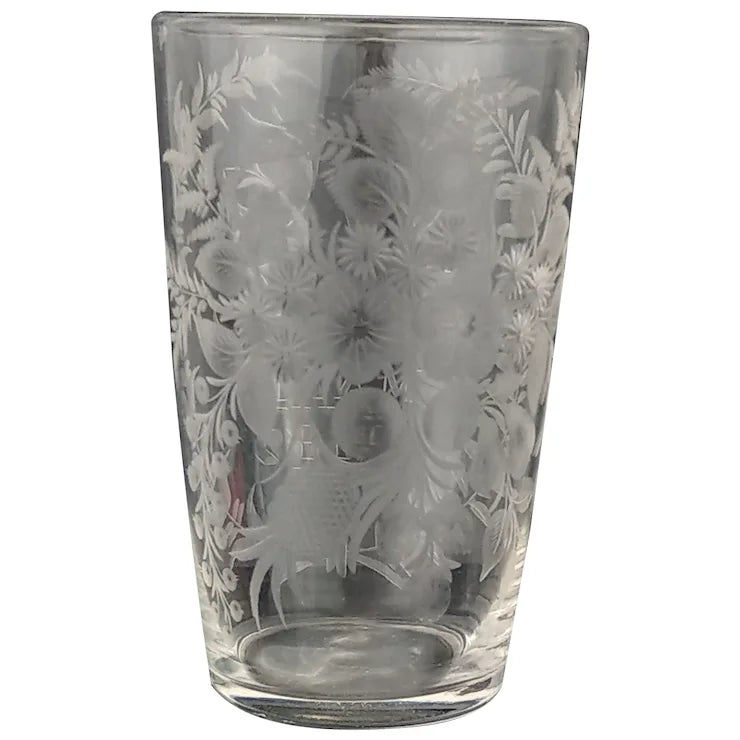 Victorian etched glasses beaker with floral pattern dated May 14 1882