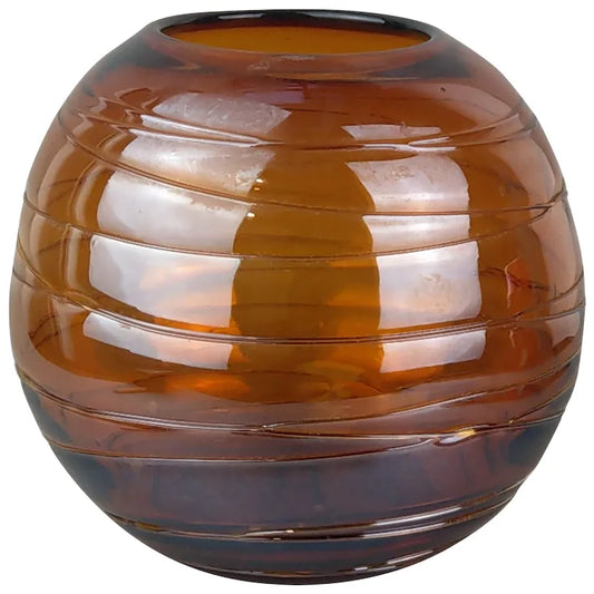 Vintage Spherical Vase Amber Glass with clear Swirl applied