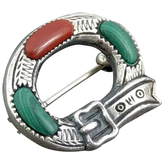 Silver Scottish brooch Belt buckle with agate and malachite
