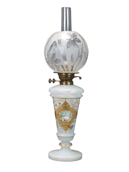 Large Opaque milk glass Oil Lamp enamel decorated with frosted glass lampshade