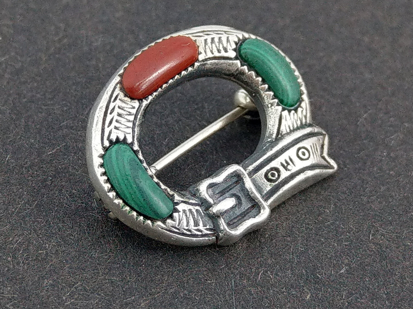 Silver Scottish brooch Belt buckle with agate and malachite