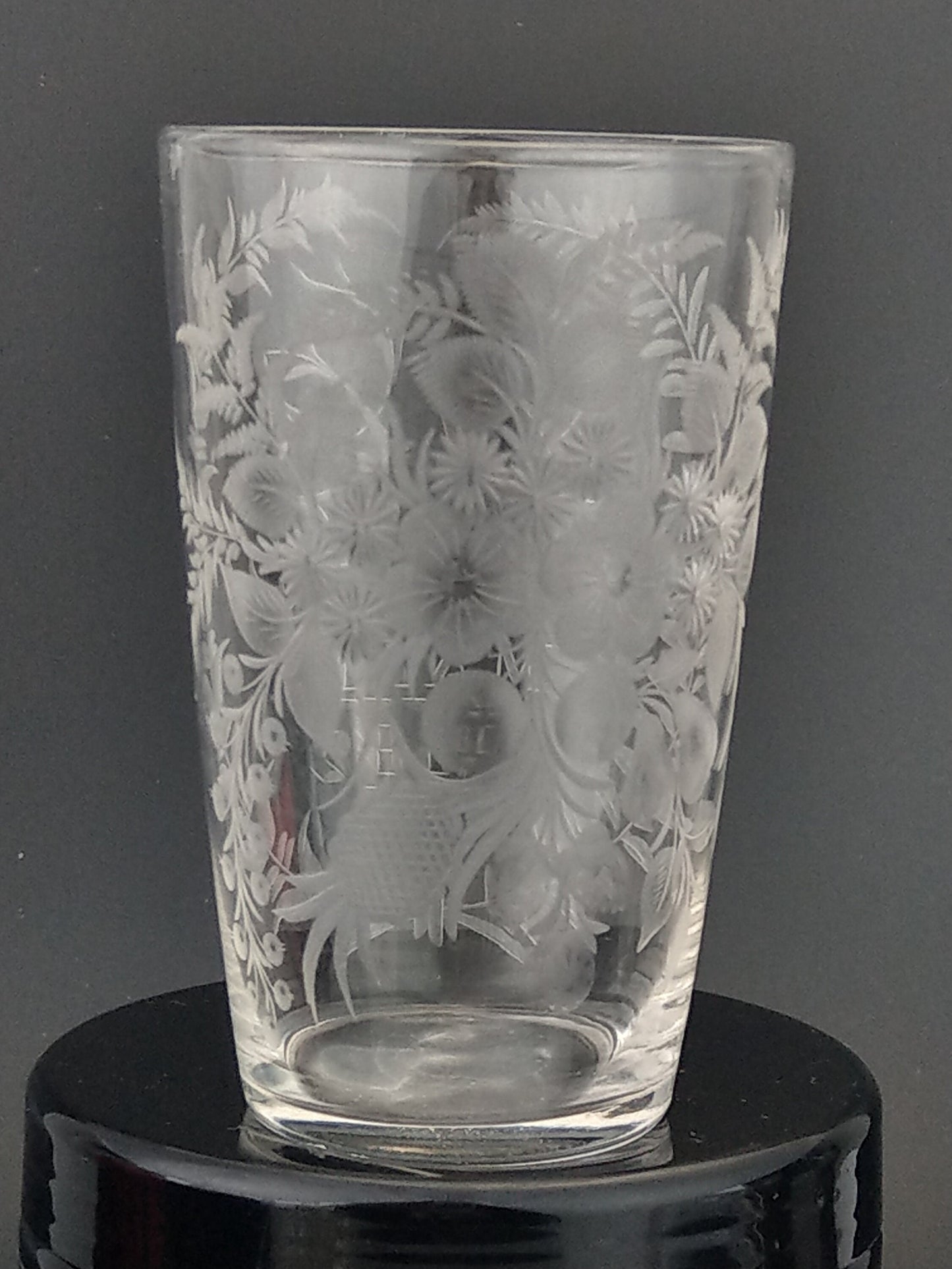 Victorian etched glasses beaker with floral pattern dated May 14 1882