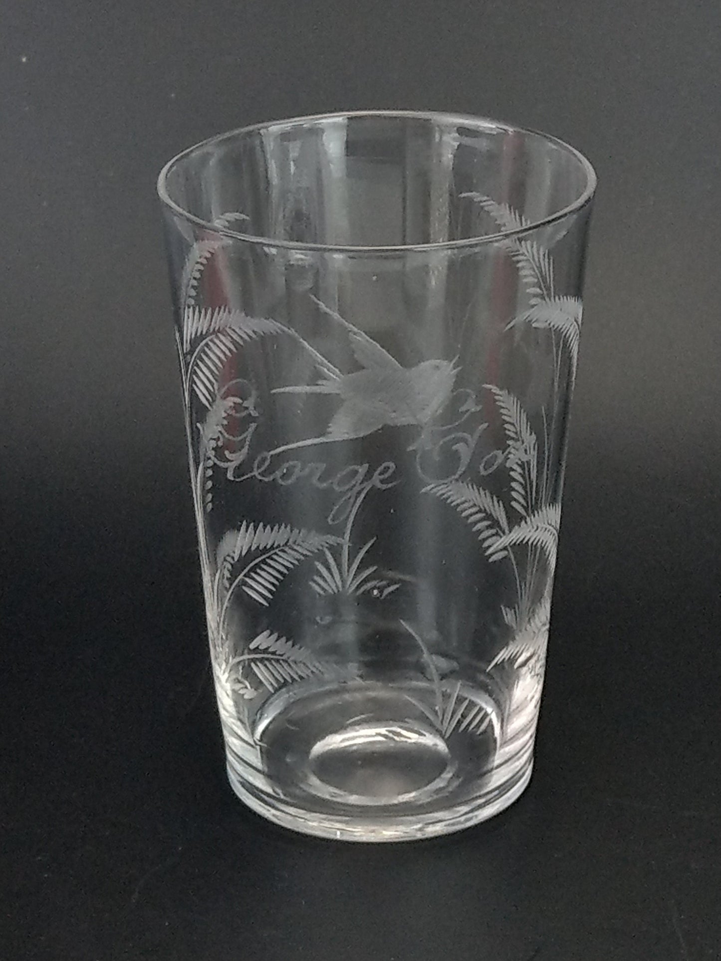 Prohibition Gems - Victorian wedding etched glass beaker Ferns and Swallow George Cox