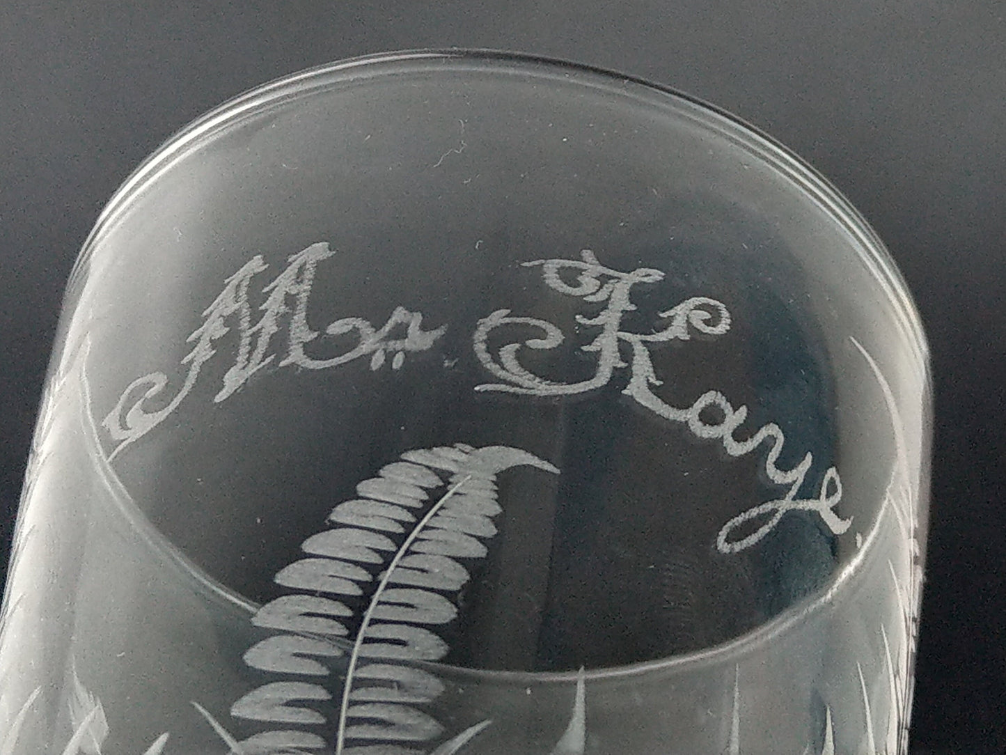 Victorian wedding etched glass beaker with Ferns Mr & Mrs Kaye