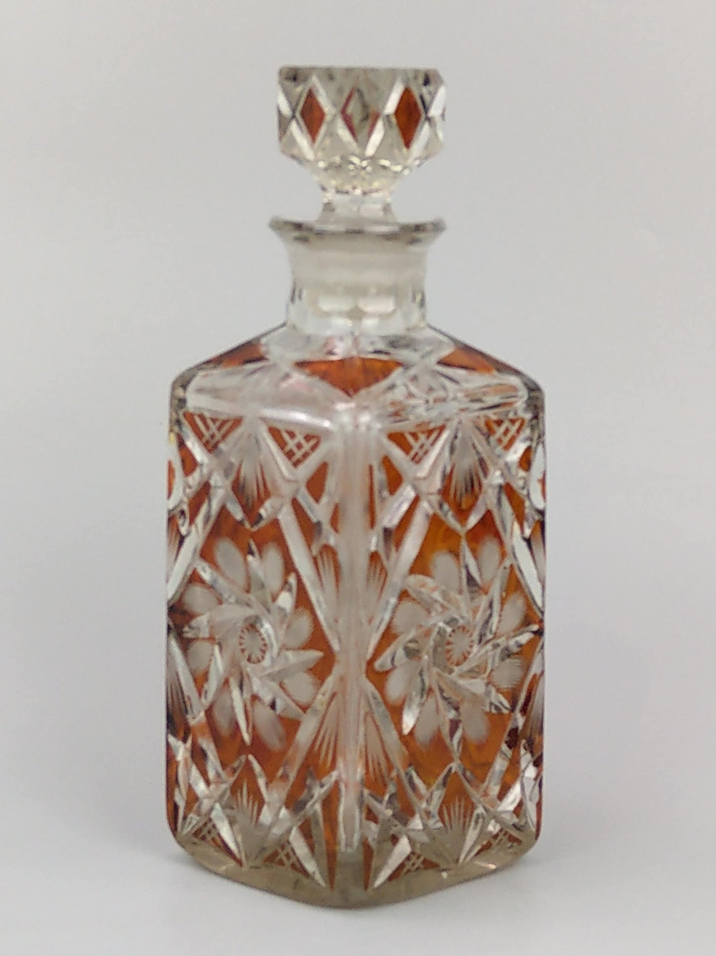 Square Whisky Decanter Bohemian Cut Glass Amber Flush