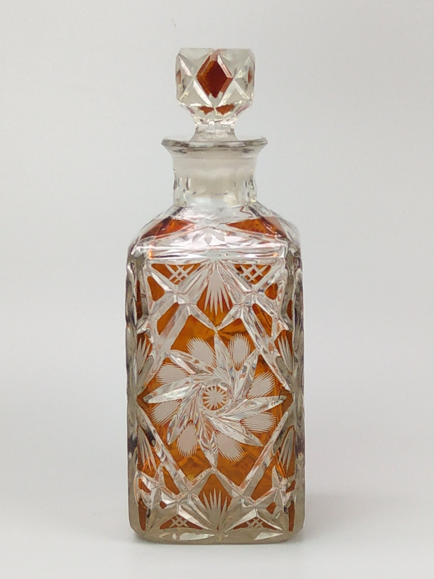 Bohemian Cut Glass amber flush Square Whisky Decanter