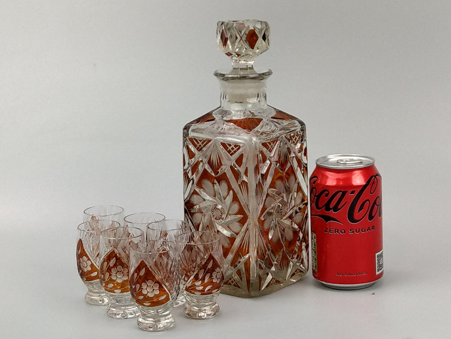 Bohemian Cut Glass amber flush Square Whisky Decanter