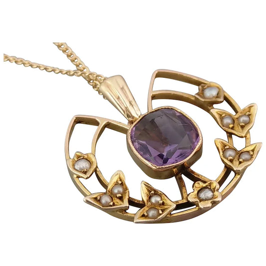 Art Nouveau Amethyst and split pearls openwork Pendant necklace set in 9ct gold