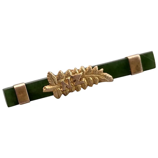 9ct gold New Zealand Jade bar Brooch with fern