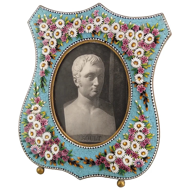 Antique Italian Micro Mosaic Large photo frame Shield shaped with turquoise background and flowers