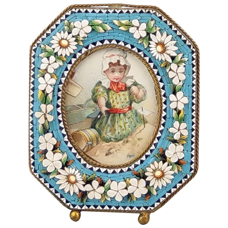 Antique Italian Micro Mosaic Small photo frame Octagonal shaped with turquoise background and flowers