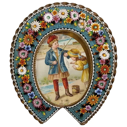 Antique Italian Micro Mosaic photo frame Collar shaped with turquoise background and flowers