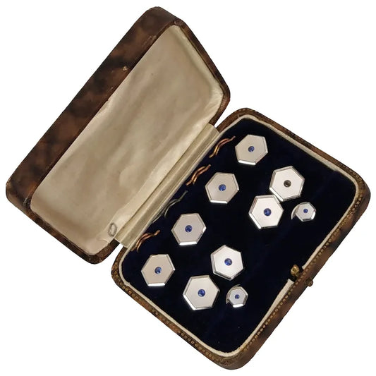 Art Deco Rectangle Silver mother of pearls with sapphires Cufflink and Buttons Dress Set