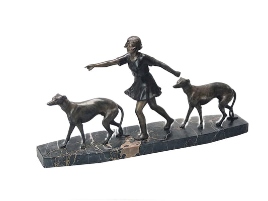 Art Deco Lady with Greyhounds Large Spelter Figure on Portoro Marble