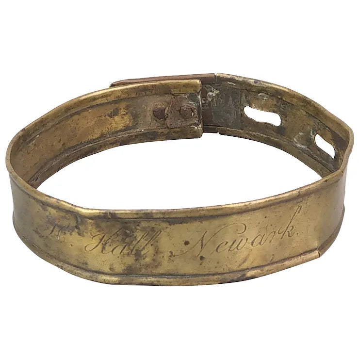 Early English sheet brass dog collar, late 18th century, engraved H. Hall Newark