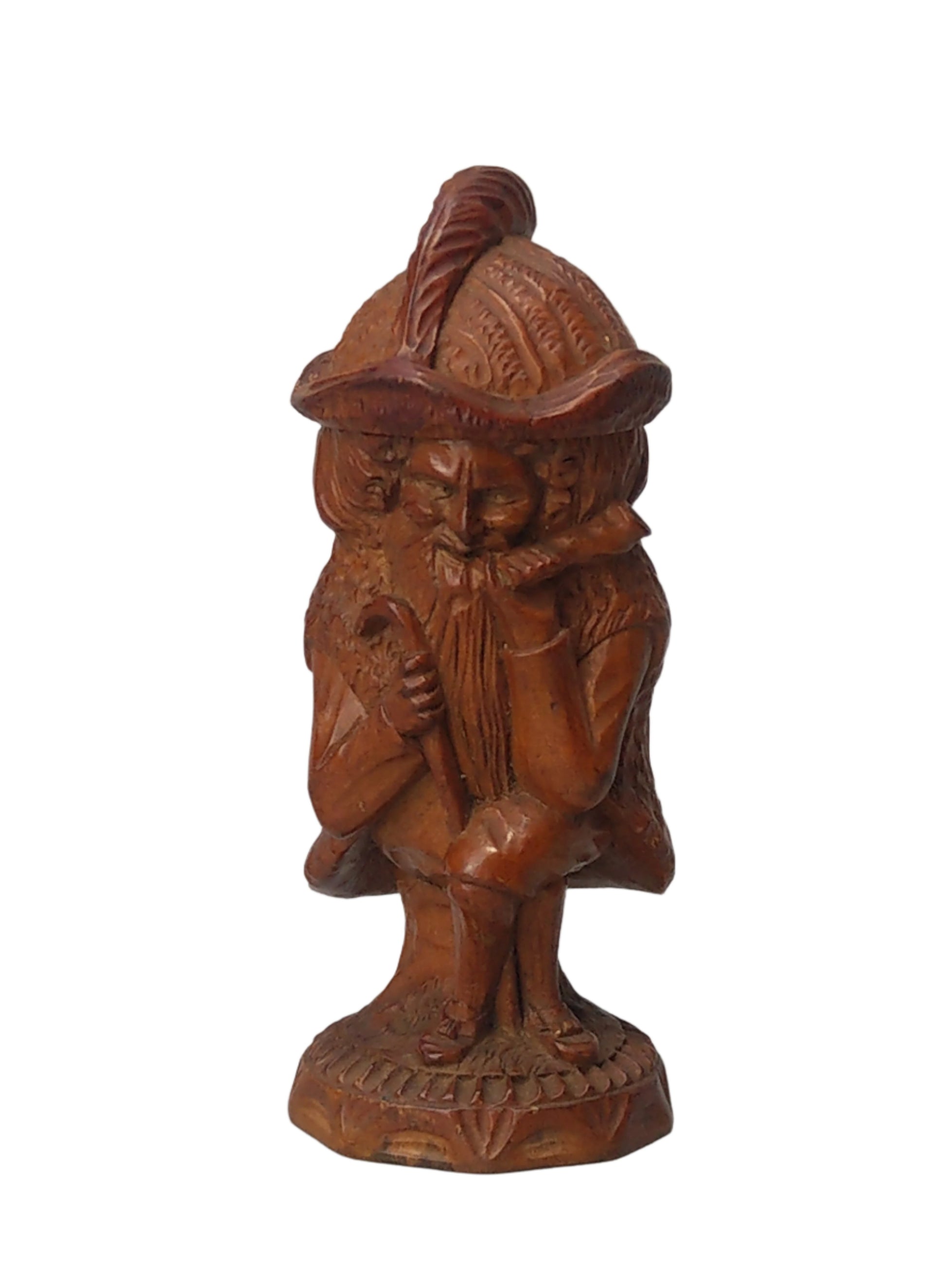 Fine Carved Gnome Matchholder, Black Forest, Switzerland.
Late 19th-century finely carved softwood figural matchholder or snuffbox in the form of a gnome sitting on a tree stump, smoking a pipe.
In excellent condition.
Size: 11 cm x 4 cm (4.33 inches x 1.57 inches).
Compartment depth: 4 cm x 2.1 cm (1.57 inches x 0.83 inches).
Weight: 175 g (6.17 lbs).