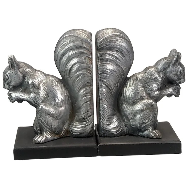 French Art Deco silver squirrel bookends slate base