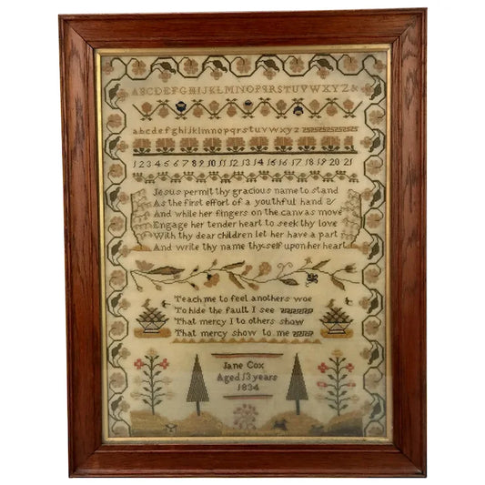 Georgian sampler Jane Cox 1834 age 13 Poem Amazing Grace & universal prayer by Alexander Pope