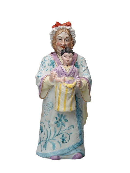 Nodding Head Figurine: Granny with Grandson, Double Head, German Bisque Porcelain